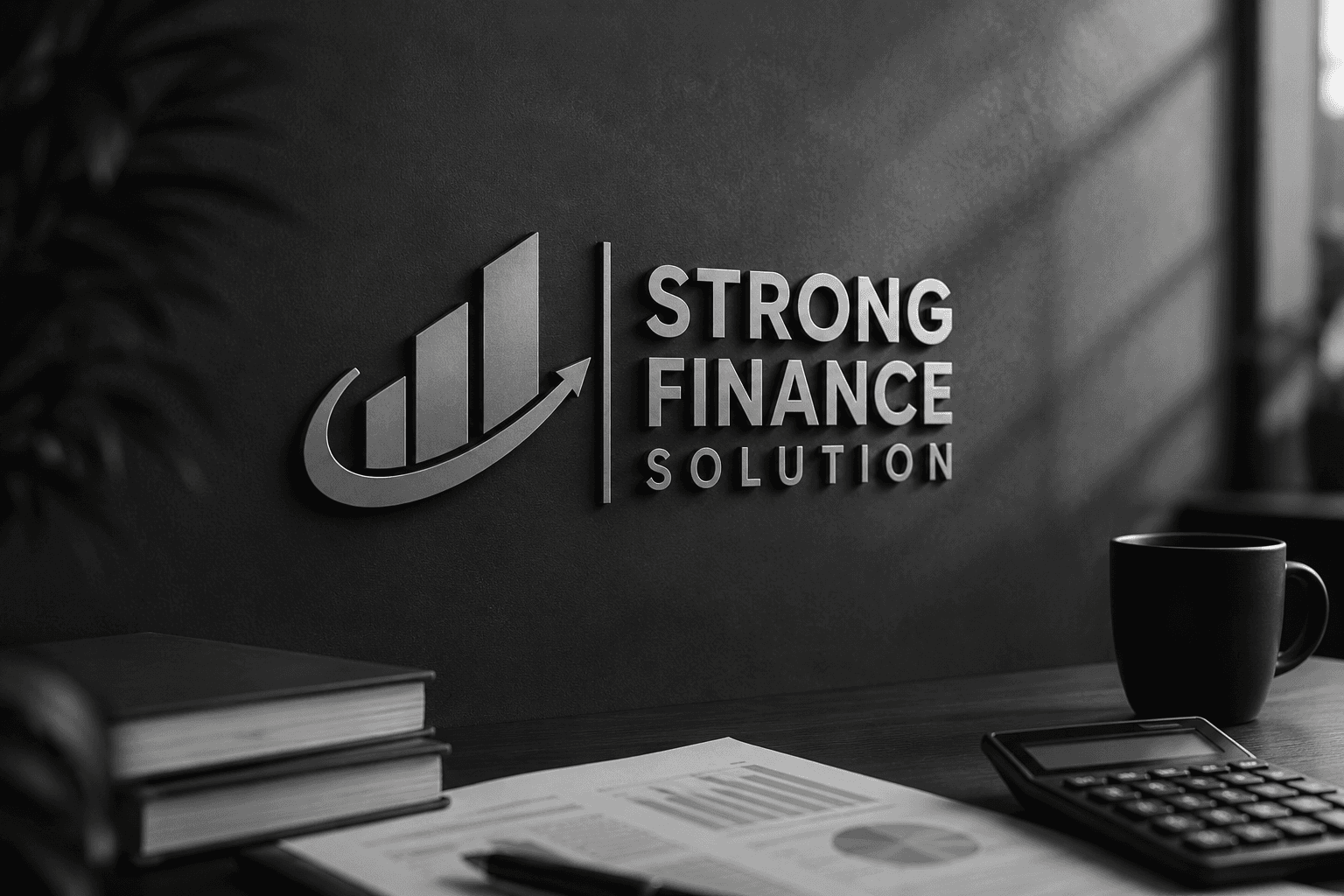 Strong Finance Solution logo with a rising bar chart on a dark, professional office wall.