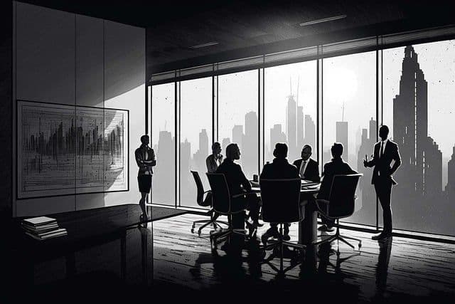 Silhouetted professionals in a corporate boardroom meeting against a backdrop of a city skyline.