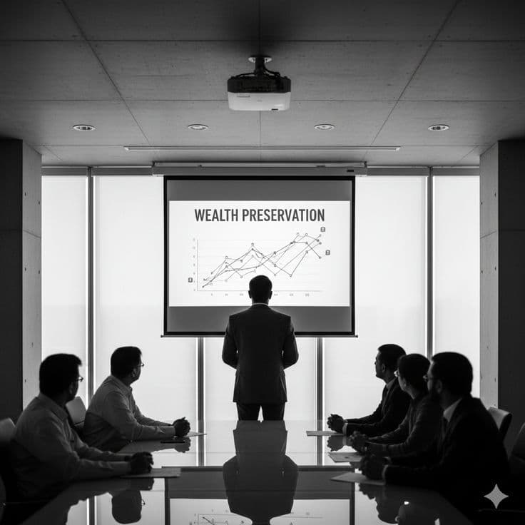 Businessman presenting a wealth preservation graph to colleagues in a black and white boardroom.
