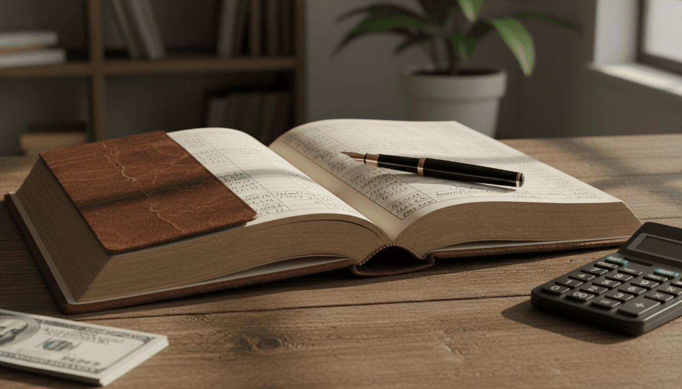 Open ledger book with handwritten numbers and a fountain pen on a wooden desk