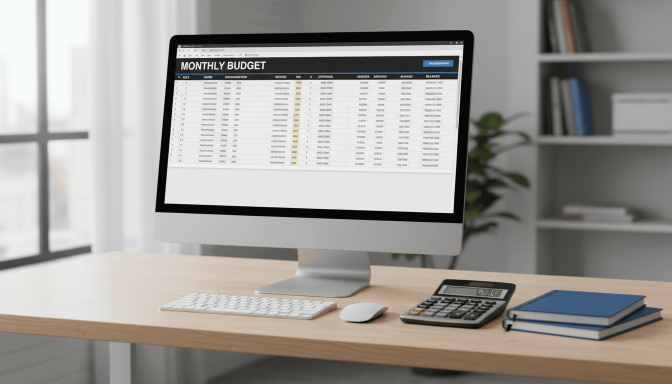 Financial spreadsheet and calculator on clean desk