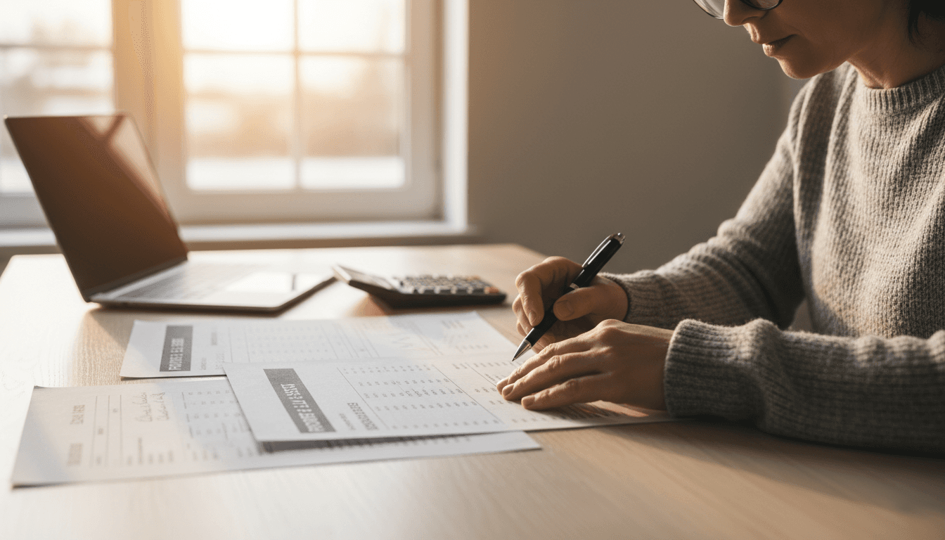 Small business owner reviewing financial statements and profit and loss documents