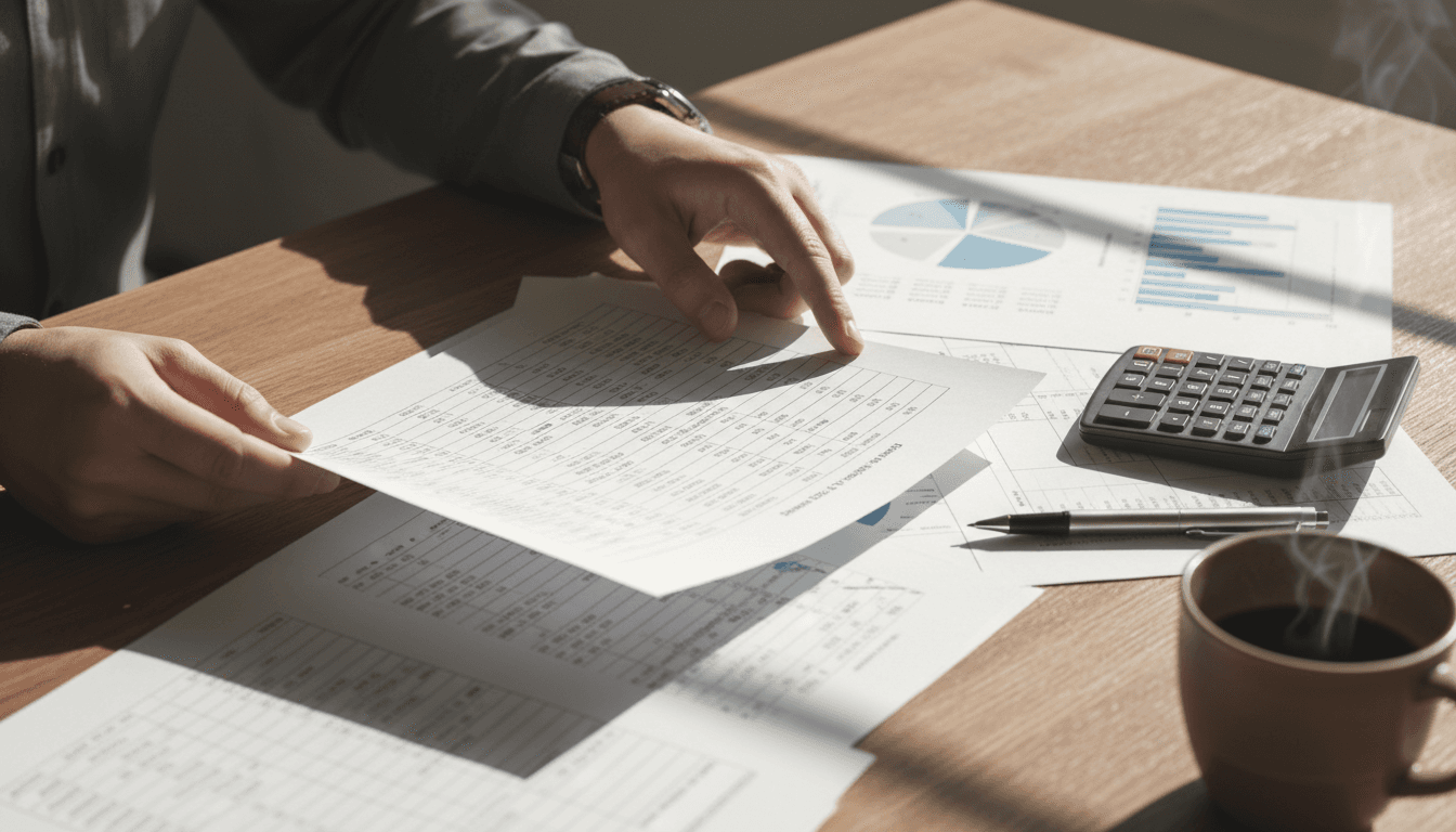 Hands reviewing financial documents on a desk