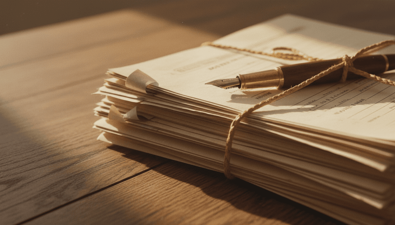 Stack of papers and a pen on a wooden desk