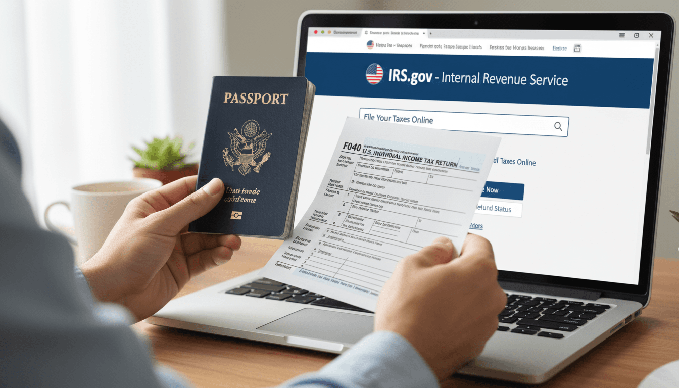 Hands holding a passport and tax form in front of a laptop