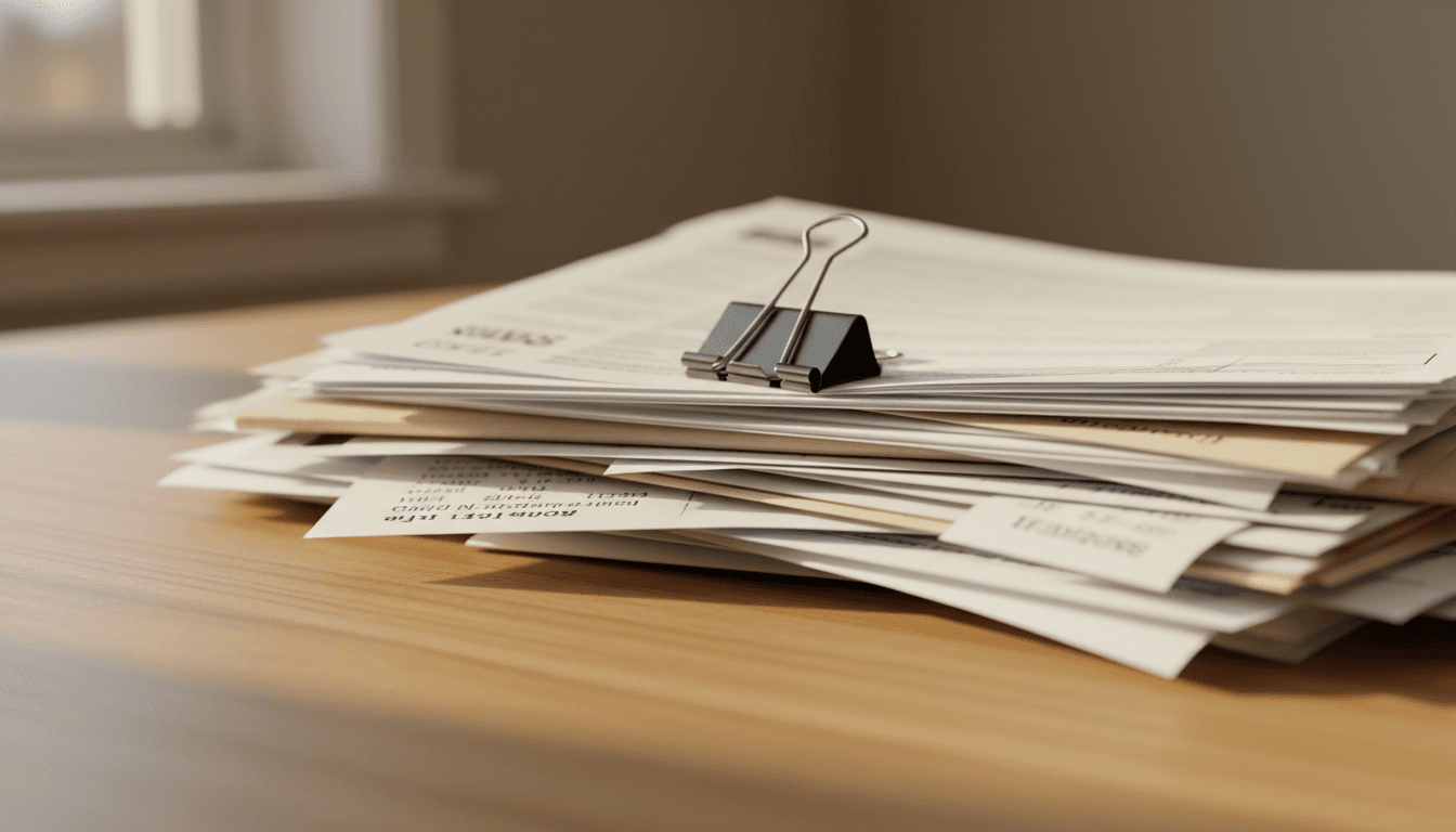 Stack of tax documents and receipts on a desk with a paperclip