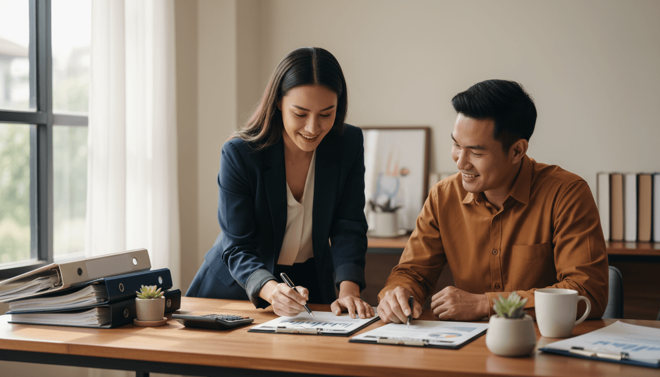 Small business owner and accountant reviewing financial documents together at a desk in Denver