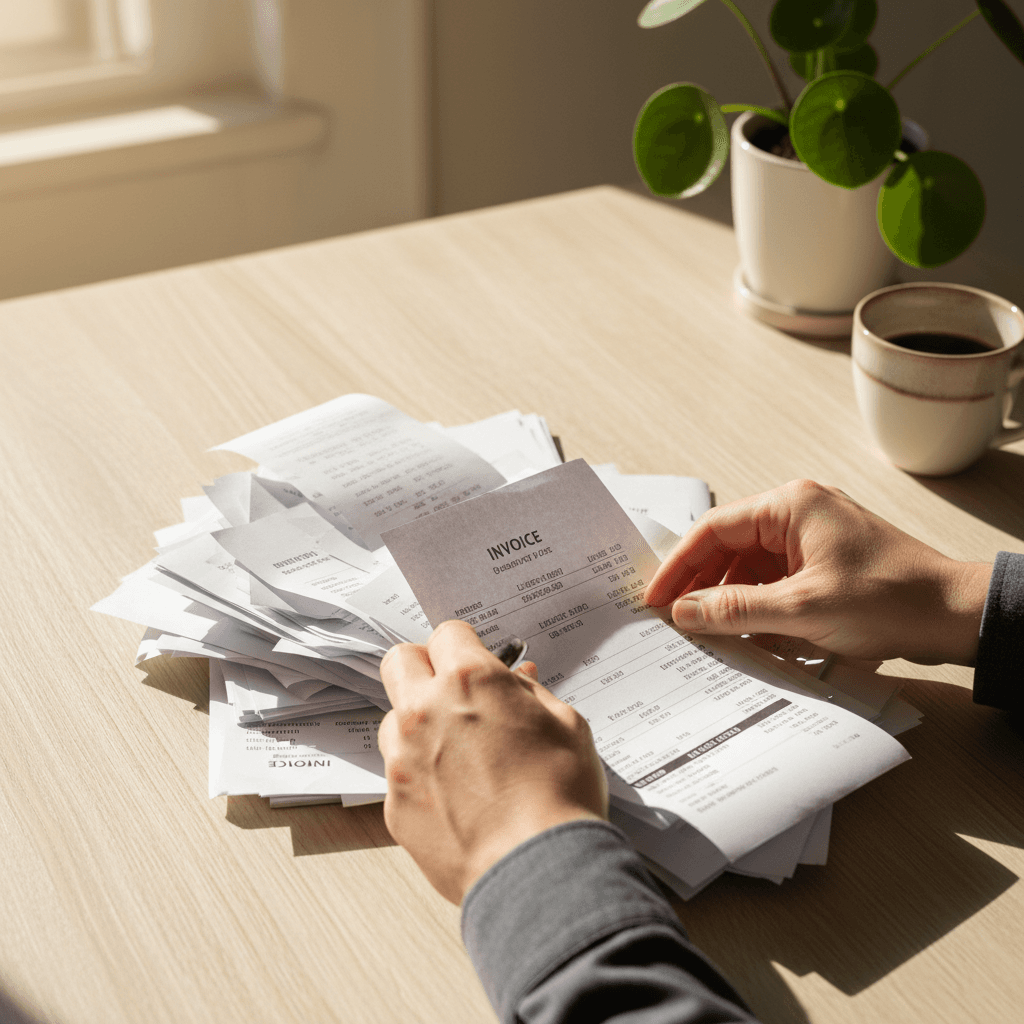 Hands sorting through receipts and invoices on a desk