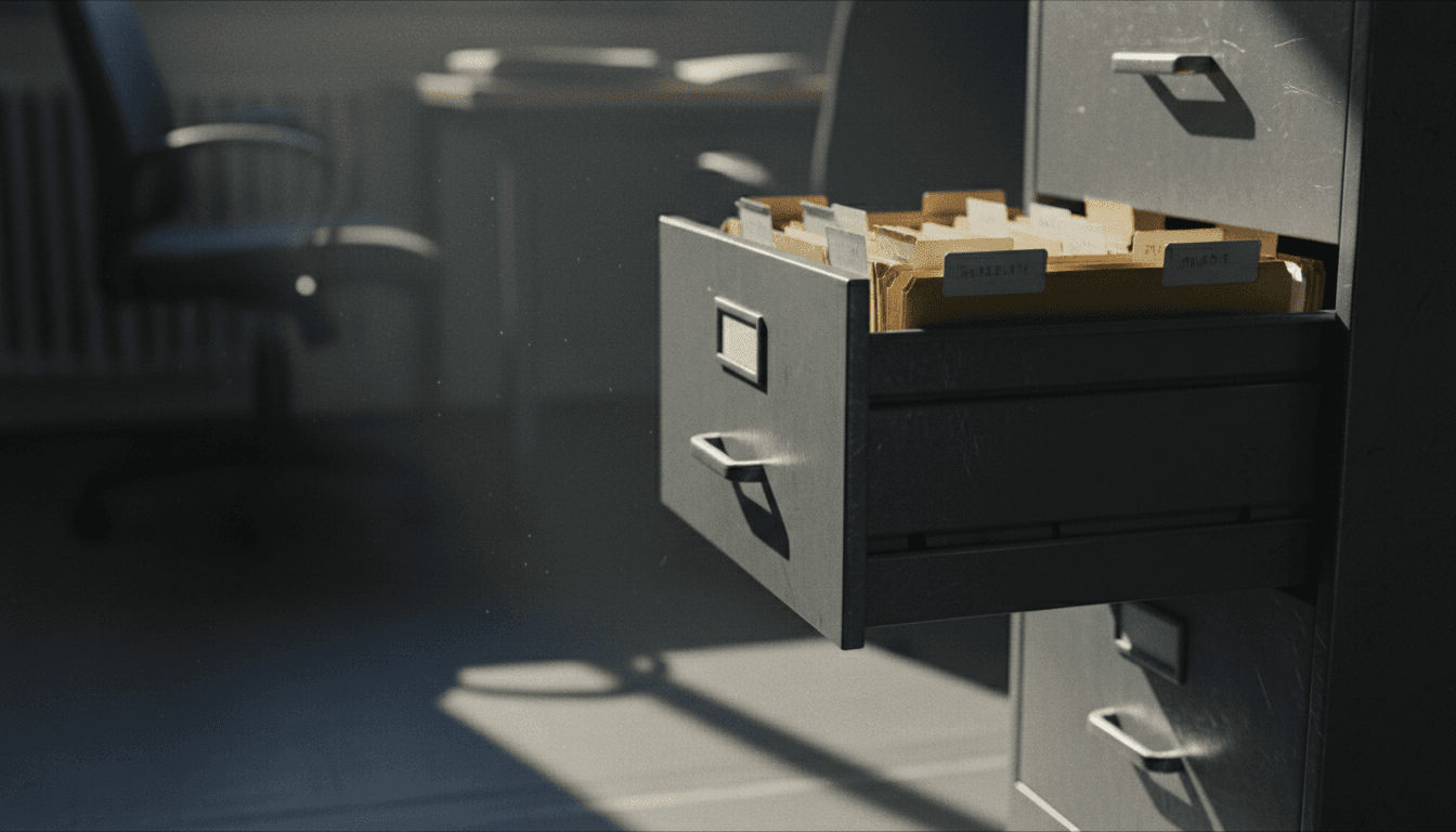 Open filing cabinet drawer with folders