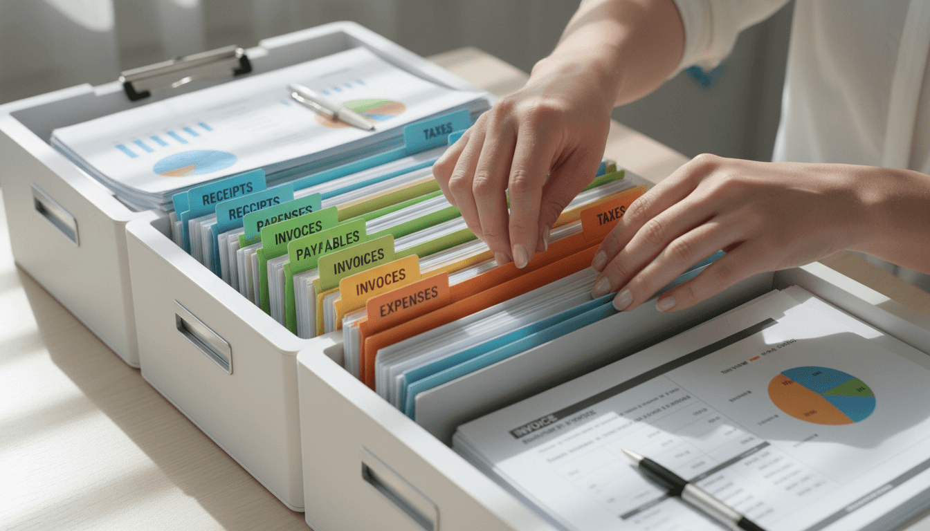 Organized financial documents and invoices being systematically filed