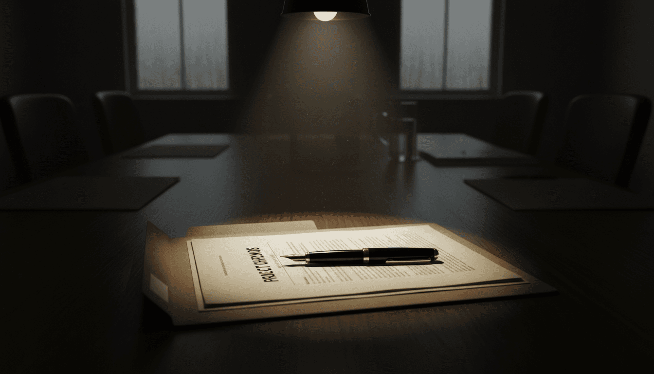 Open file folder with documents and a pen on a meeting table