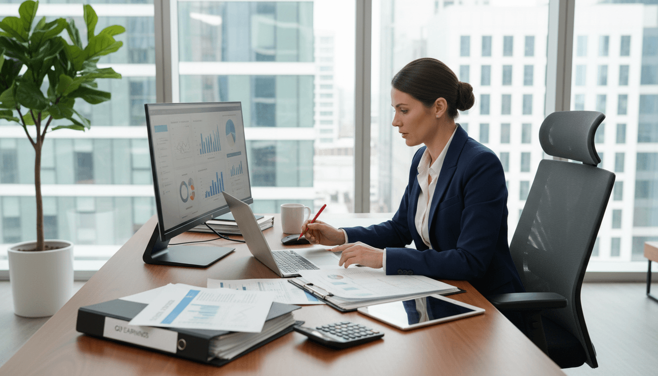 Professional reviewing accounting documents at a clean modern office desk with laptop and organized paperwork