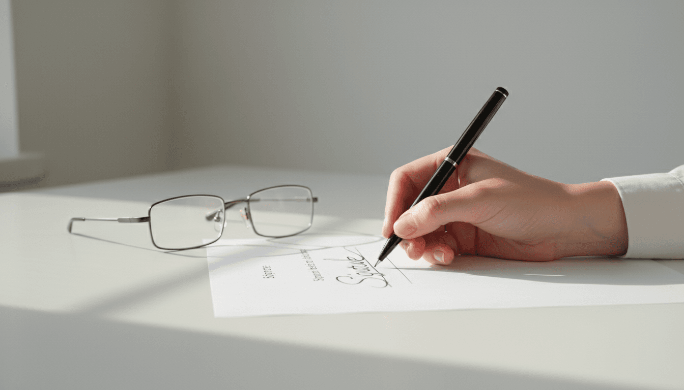 Hand signing a document with a fountain pen on a white desk