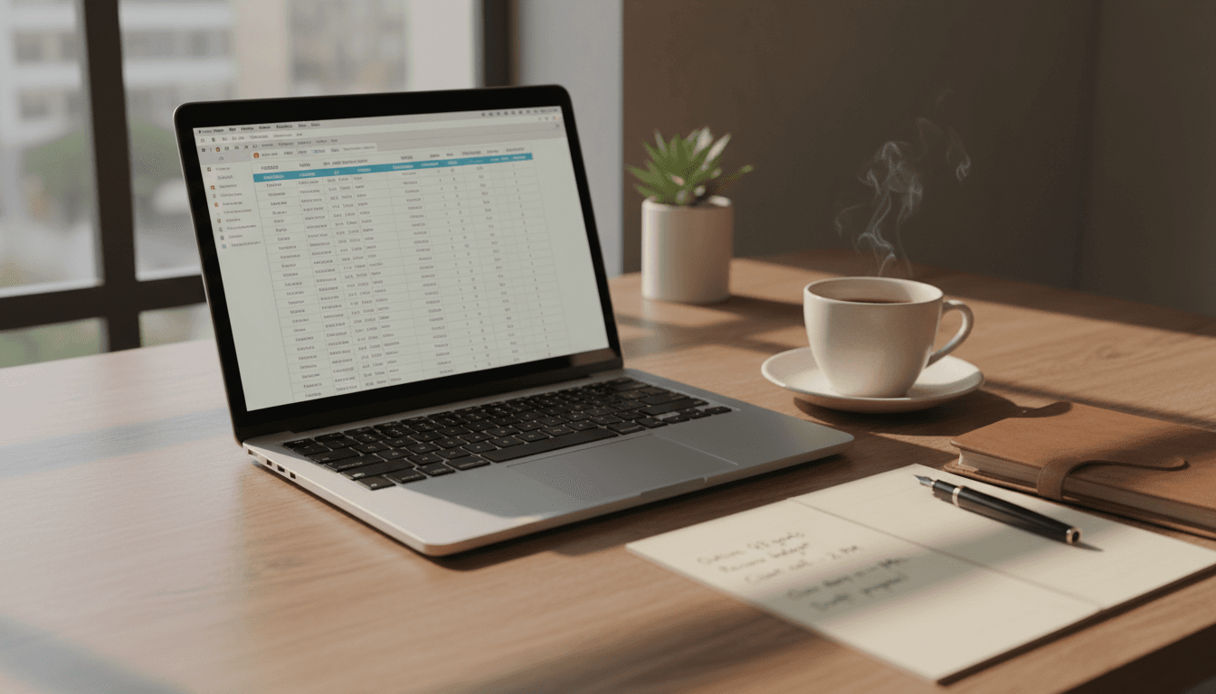A laptop on a desk showing financial records with a coffee cup and notepad