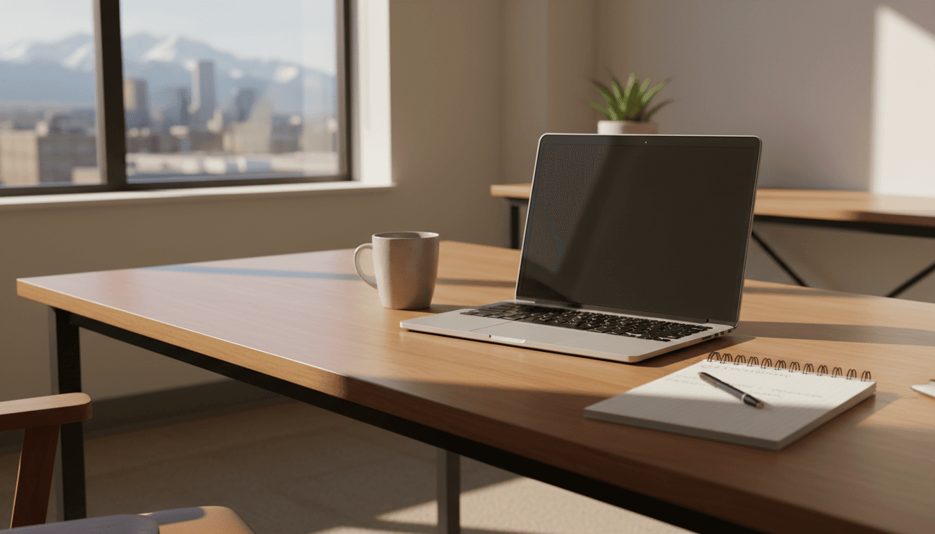 A professional desk setup with a laptop and financial notes in a Denver office