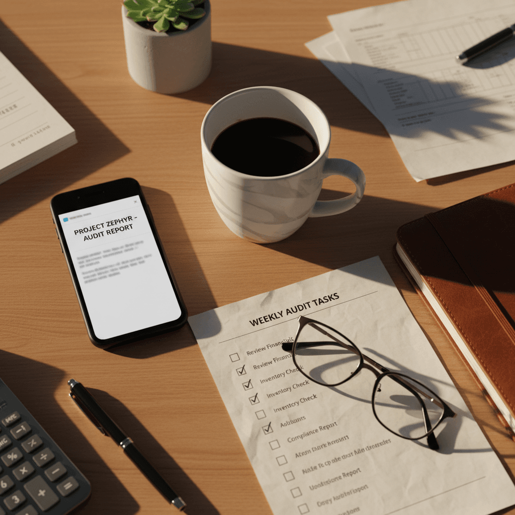 Desk with phone and audit documents
