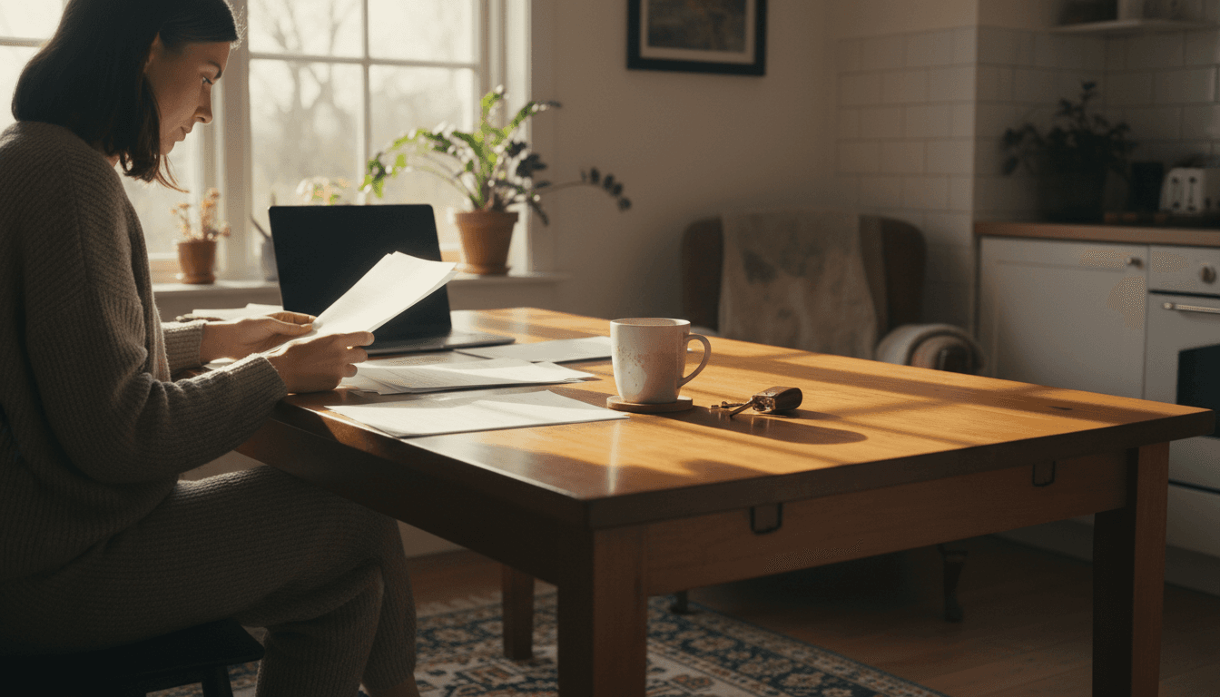 Person reviewing paperwork at a kitchen table with a house key nearby