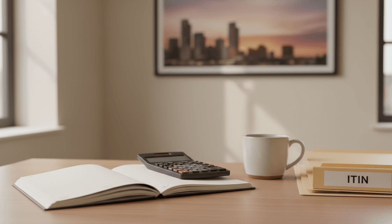 Open notebook and calculator on a desk with a Denver skyline print in the background