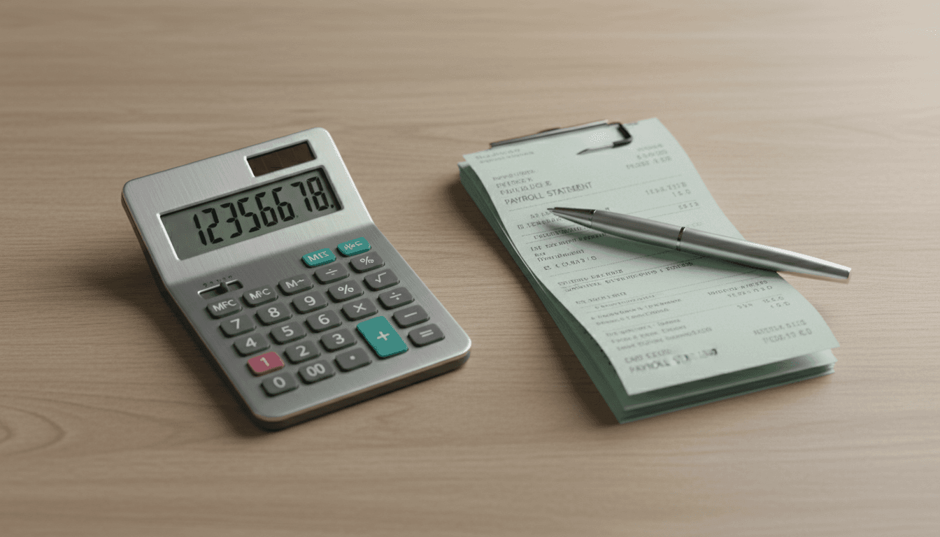 Calculator, pay stubs, and a pen arranged on a wooden desk