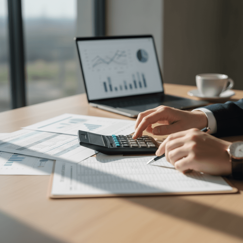 Professional reviewing financial documents with calculator and laptop at desk